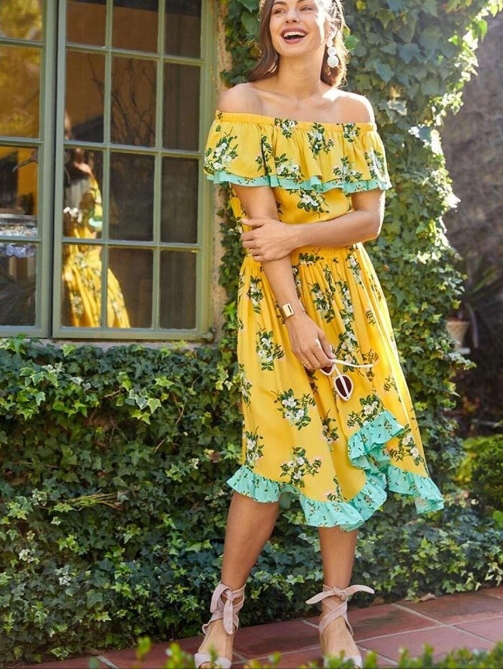Matilda Jane Yellow Off-Shoulder Floral Midi Dress with Mint Trim